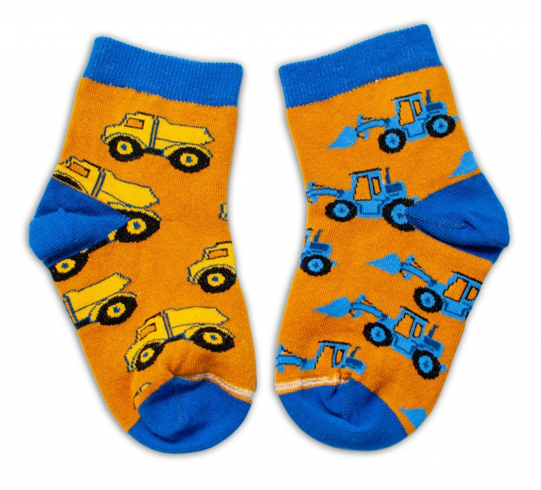 Bavlněné veselé ponožky Stavební stroje - hořčicové, vel. 122/128
