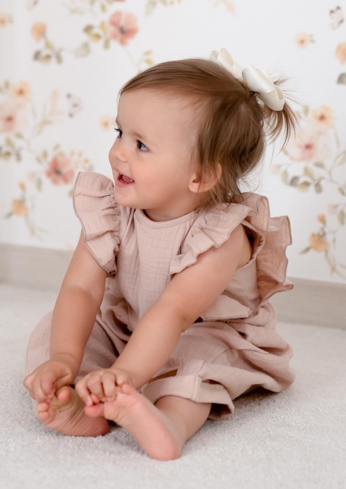 Letní mušelínový overálek pro holčičky s volánkem Star - béžový, vel. 98