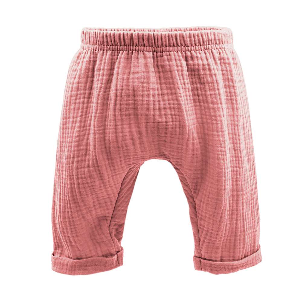 Mušelínové ohrnuté dívčí kalhoty GOTS BABY, starorůžové
