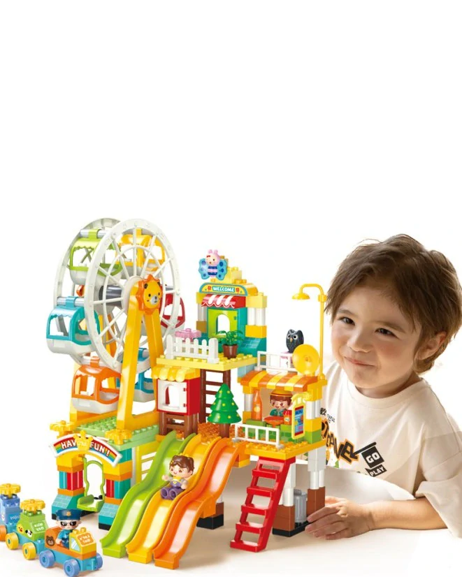 Stavebnice velký zábavní park s ruským kolem, klouzačkami, vláčkem a figurkami, 235 dílků, velké kostky pro děti od 3 let