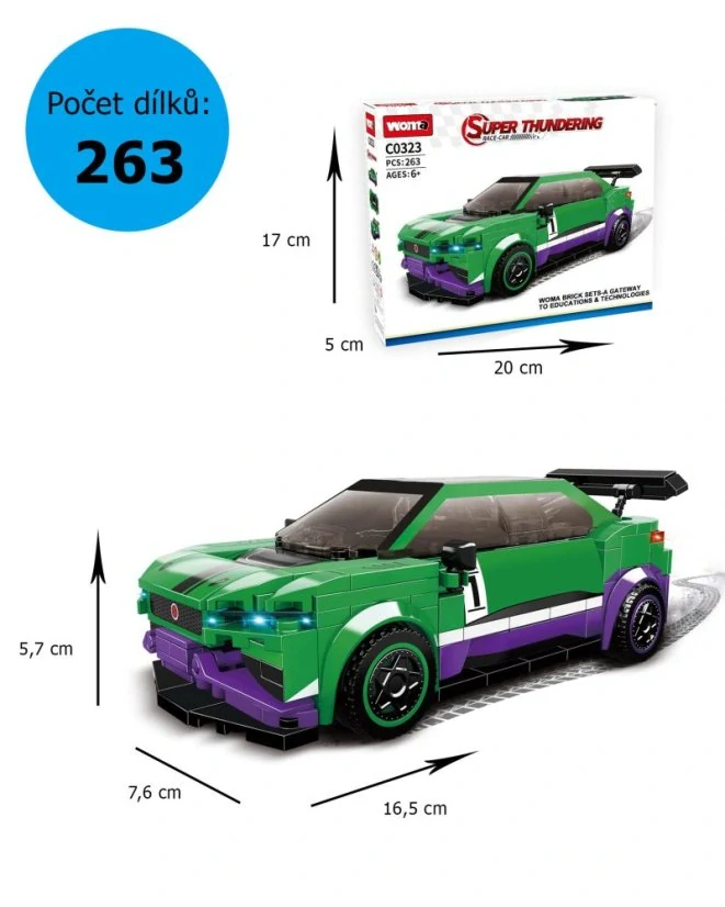 Woma Stavebnice Závodní auto dlouhé 15cm, odnímatelná střecha, zelené, 263 dílků