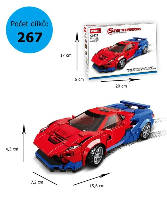 Woma Stavebnice Závodní auto dlouhé 15cm, odnímatelná střecha, červené, 267 dílků