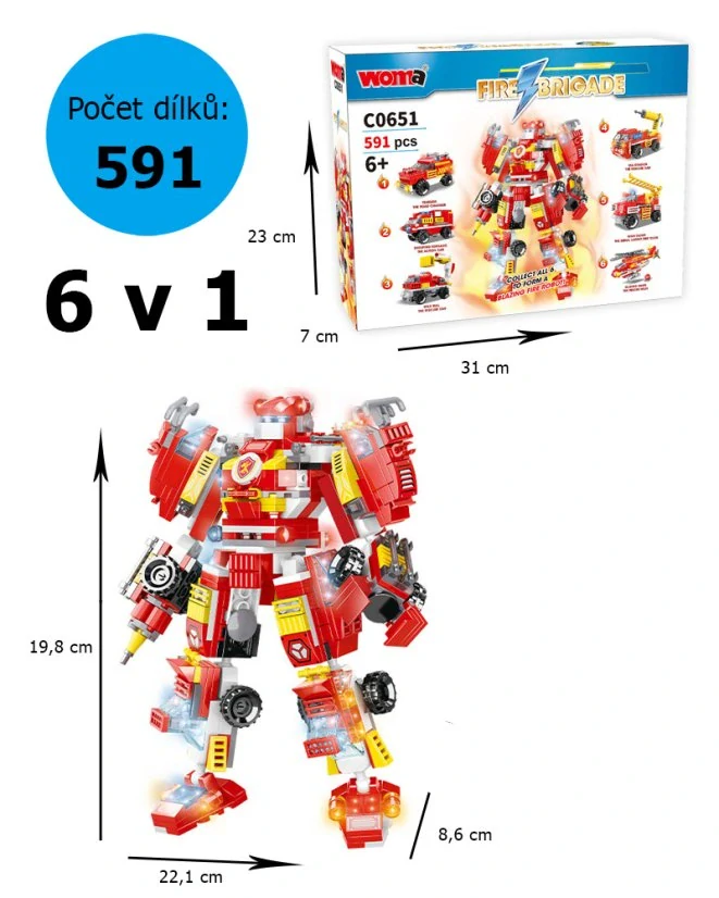 Stavebnice hasiči 7v1, 5 hasičských aut a vrtulník nebo velký robot hasič, 591 dílků