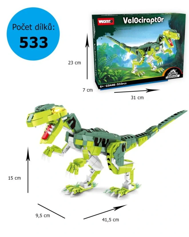 Woma Stavebnice dinosaurus Velociraptor 41 cm – realistický model s pohyblivými klouby, 533 dílků