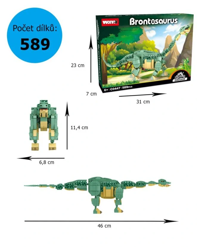 Woma Stavebnice dinosaurus Brontosaurus (46 cm dlouhý) s pohyblivými prvky, 589 dílků