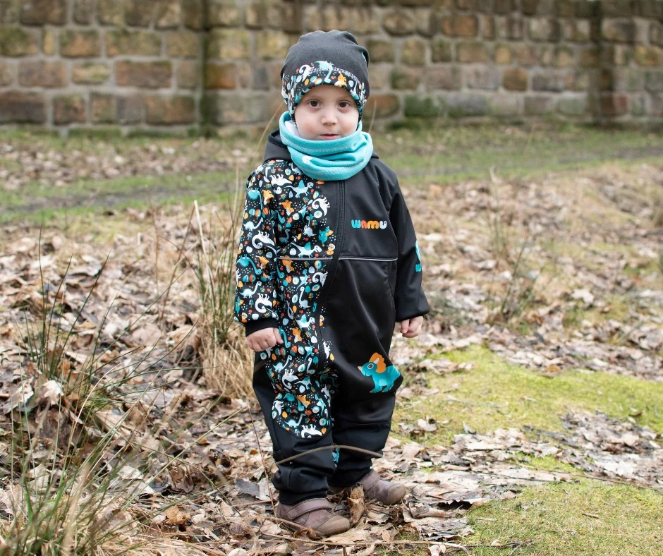 Wamu Softshellová kombinéza dětská, DINOSAUŘI, černo-hnědá