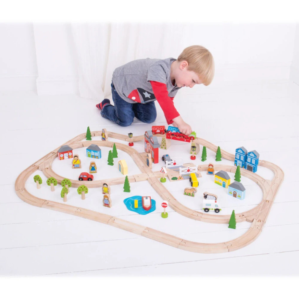 Bigjigs Rail Dřevěná vláčkodráha město a vesnice 91 dílů