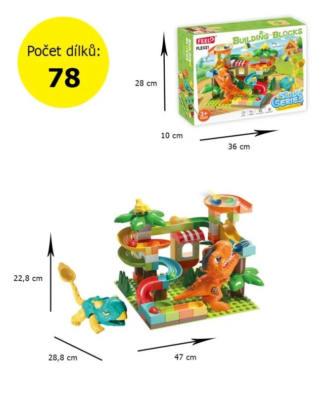 Stavebnice Kuličková dráha s dinosaury a katapultem, 78 dílků, velké kostky pro děti od 3 let