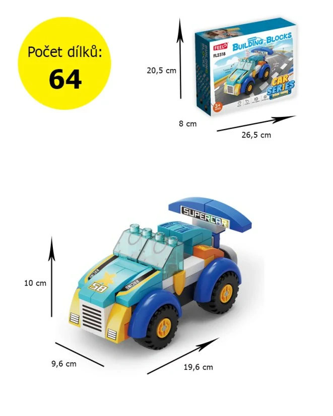 Stavebnice závodní auto, 64 dílků – velké kostky pro děti od 3 let