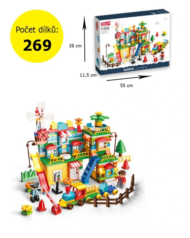 Stavebnice město, 269 dílků, vláček, závory a figurky, od 3 let