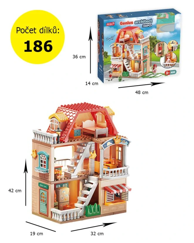 Stavebnice dům pro děti, 186 dílků, LED světlo, figurky a pejsek, od 3 let