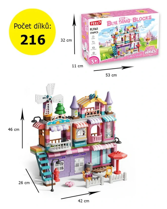Stavebnice dům pro holky, 216 dílků, 3 patra, figurka a terasa, od 3 let