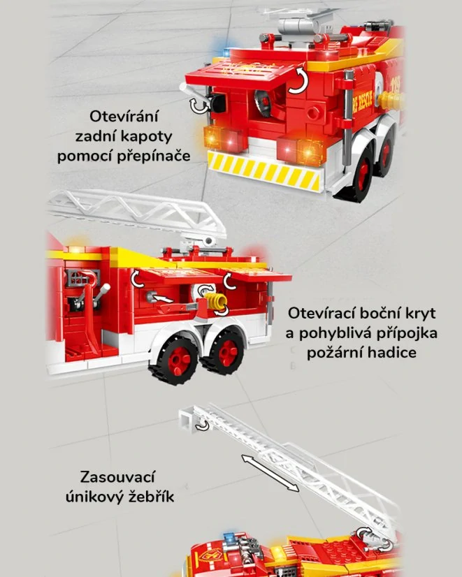 Stavebnice hasičské auto s pohyblivými prvky, velké 20cm, 433 dílků