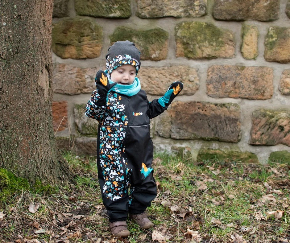 Wamu Softshellová kombinéza dětská, DINOSAUŘI, černo-hnědá