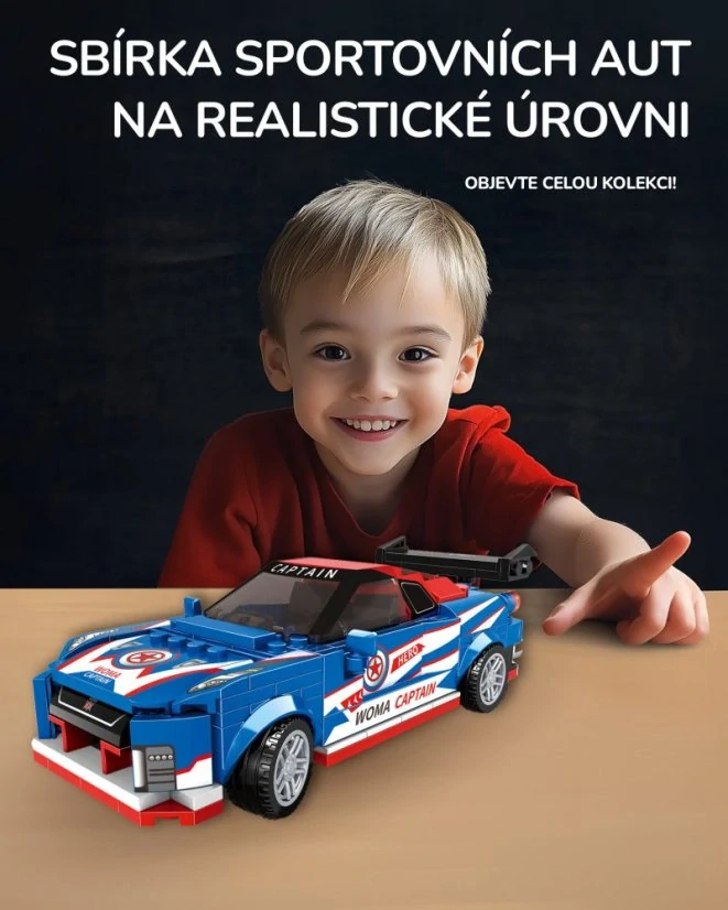 Woma Stavebnice Závodní auto dlouhé 16cm, se zvedací střechou, modré, 284 dílků