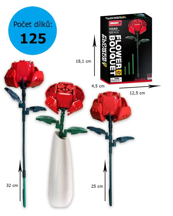Woma Stavebnice květina s nastavitelnou délkou stonku, rudá růže, 125 dílků