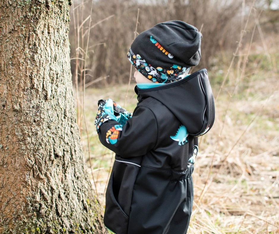 Wamu Softshellová kombinéza dětská, DINOSAUŘI, černo-hnědá