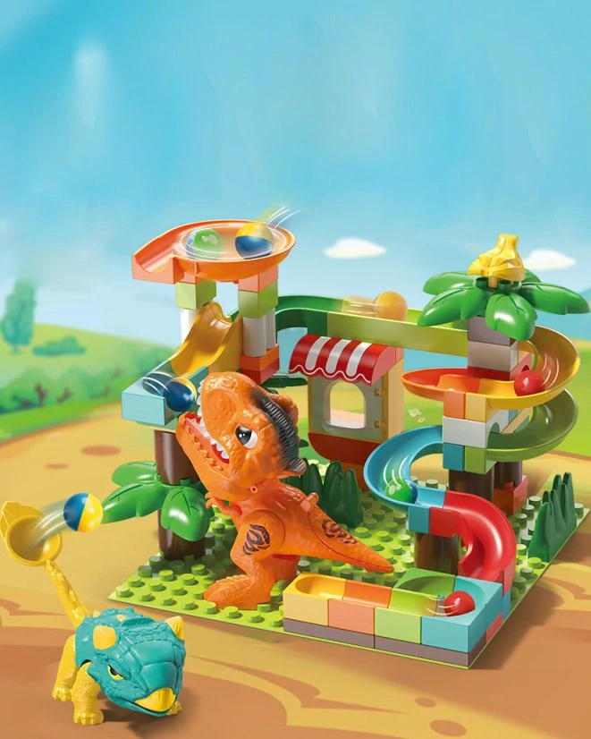Stavebnice Kuličková dráha s dinosaury a katapultem, 78 dílků, velké kostky pro děti od 3 let