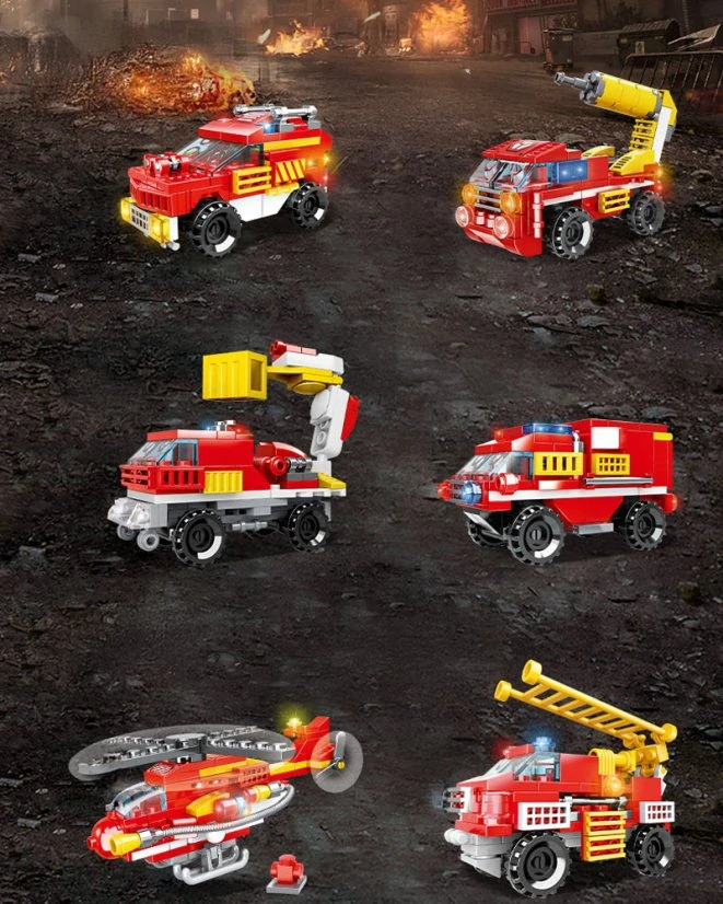 Stavebnice hasiči 7v1, 5 hasičských aut a vrtulník nebo velký robot hasič, 591 dílků