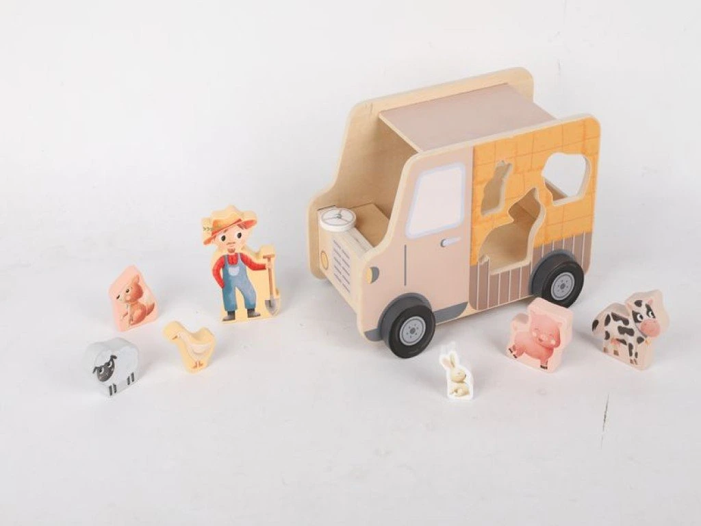 eliNeli Dřevěné autíčko 2v1 se zvířátky - Jeep + vkládačka