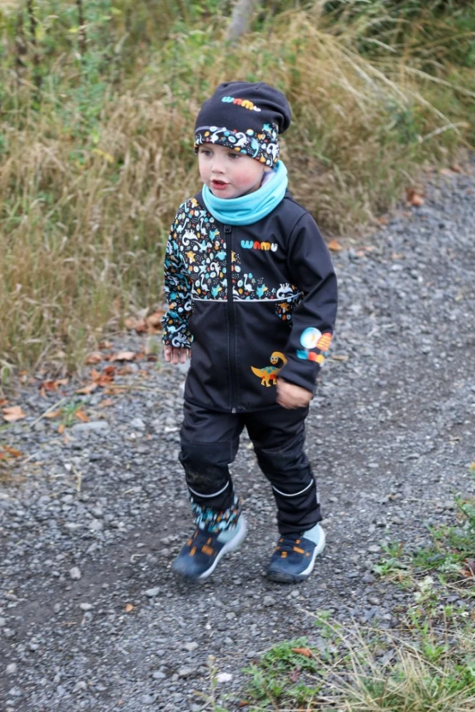 Wamu Softshellové kalhoty dětské, DINOSAUŘI, černo-hnědá