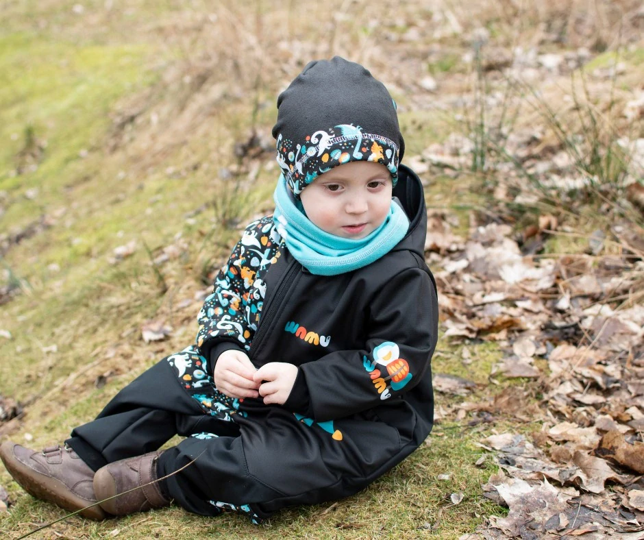 Wamu Softshellová kombinéza dětská, DINOSAUŘI, černo-hnědá