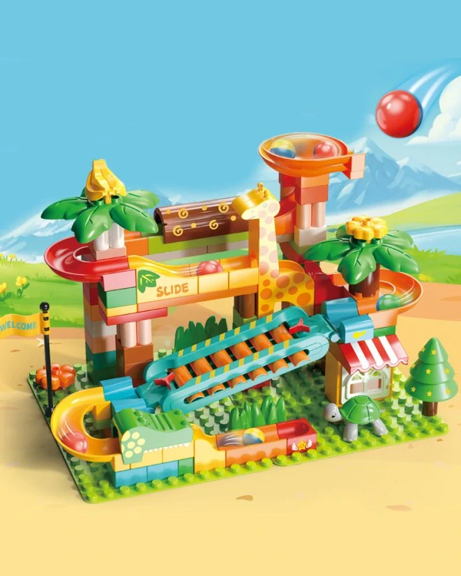 Stavebnice s kuličkovou dráhou a klavírní skluzavkou (zvonkohra), 109 dílků, velké kostky pro děti od 3 let