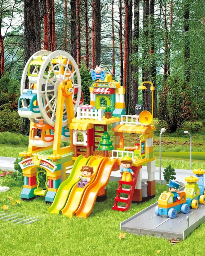 Stavebnice velký zábavní park s ruským kolem, klouzačkami, vláčkem a figurkami, 235 dílků, velké kostky pro děti od 3 let