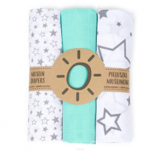 Mušelínové plenky 3ks + žínka zdarma, bílá/šedá/mátová - hvězdičky