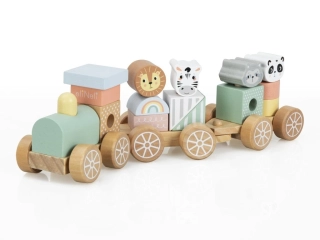 EliNeli Dřevěný vláček s kostkami a zvířátky ze ZOO