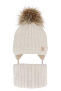 Agbo Komplet zimní dívčí: čepice a tunel krémový s bambulí Passa, vel. 52/54