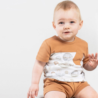 Bavlněná halenka, chlapecká, krátký rukáv, bílo-karamelová, MIKI, vel. 74