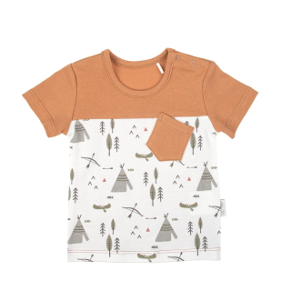 Chlapecká bavlněná halenka s krátkým rukávem, karamelová a bílá, BRUNO, 80