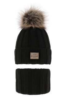 Agbo Komplet zimní dívčí: čepice a tunel černý s bambulí Kaliope, vel. 54/58