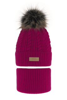 Agbo Komplet zimní dívčí: čepice a tunel růžový s bambulí Alika, vel. 52/54